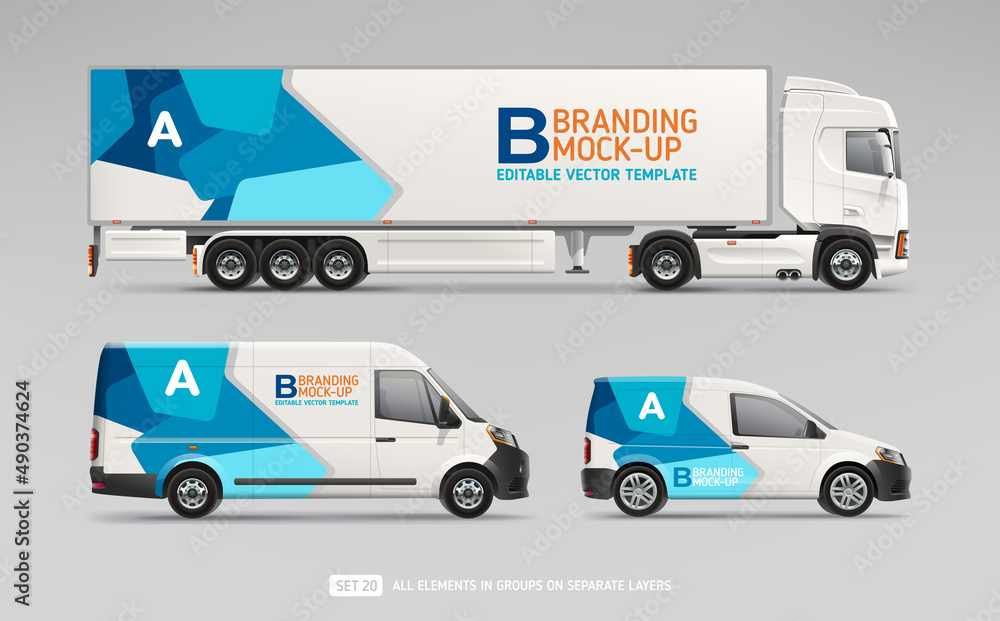 Vector Truck Trailer, Cargo Van, Company Car with branding design - realistic mock-up set. Abstract geometric graphics design for Business Corporate identity on Company Cars. Delivery Transport mockup Vector Truck Trailer, Cargo Van, Company Car with branding design - realistic mock-up set. Abstract geometric graphics design for Business Corporate identity on Company Cars. Delivery Transport mockup
