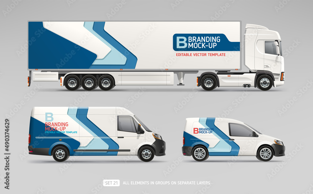 Vecteur Stock Vector Truck Trailer, Cargo Van, Company Car with branding  design - realistic mock-up set. Abstract geometric graphics design for  Business Corporate identity on Company Cars. Delivery Transport | Adobe  Stock