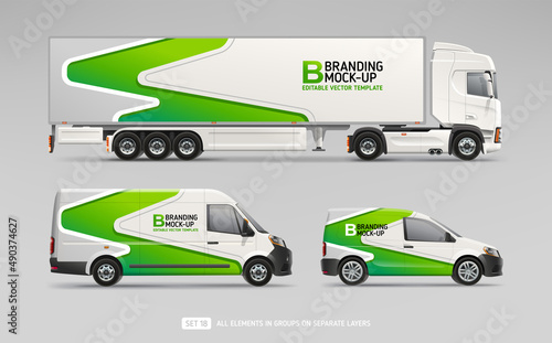 Mockup Set of Truck Trailer, Cargo Van, Freight Car with branding design - vector template. Abstract green graphics design for Business Corporate identity on Company Cars. Set of delivery Transport	 photo