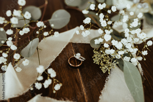 Diamond rings on wedding day photo