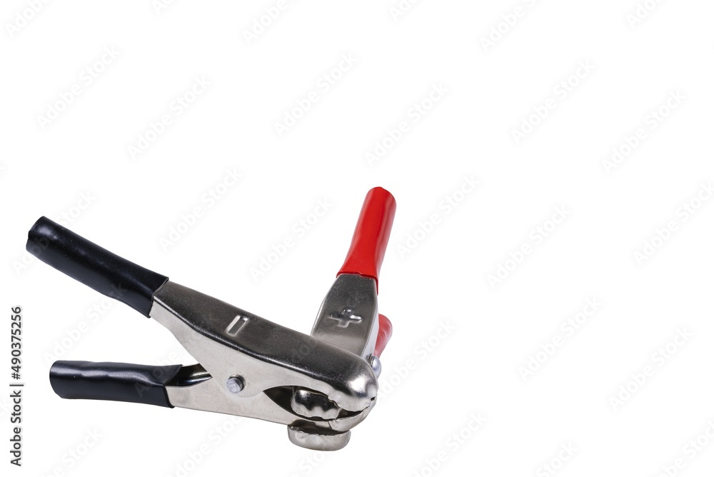 Fototapeta premium Closeup view of clips for charging battery isolated on white background. Sweden.