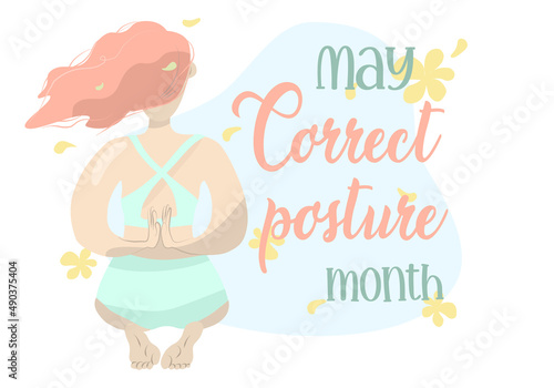 Cartoon yoga woman sitting with hands behind the back isolated. Cartoon may correct posture month. Blue background