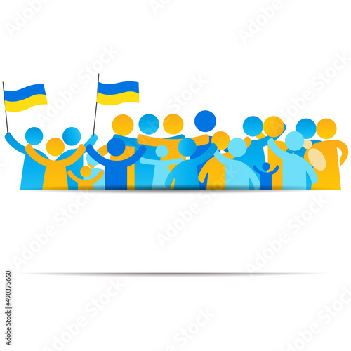 Together with Ukraine. A simple illustration with people in the form of icons, symbols showing solidarity with Ukraine and victory over the occupant. No war. "