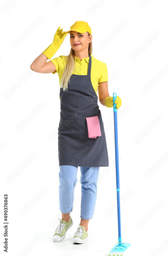 Worker of cleaning service with mop on white background Worker of cleaning service with mop on white background