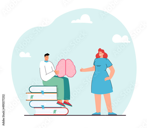 Student sitting on stack of books and holding brain. Boy learning information from teacher flat vector illustration. Education, knowledge concept for banner, website design or landing web page