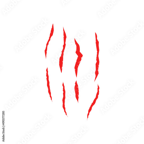 Red traces from the sharp claws of a cat, tiger, bear, dinosaur and other predators. Set of red silhouettes isolated on white background. Vector
