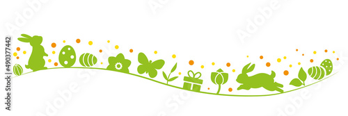 Ostergrüße - dekorative Vektor Grafik mit Osterhasen und Ostereiern - grün und gelb auf weißem Hintergrund