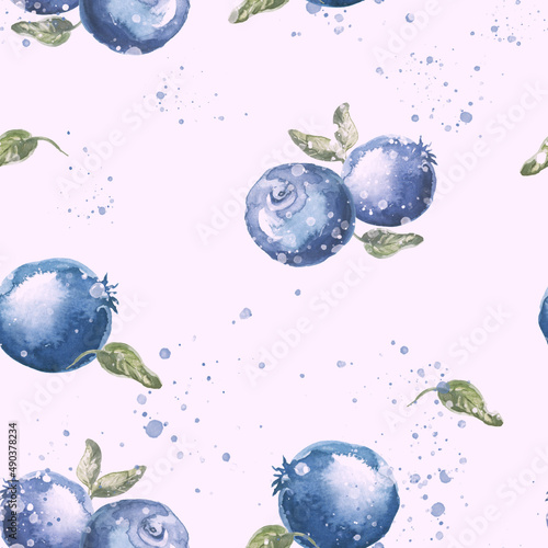 Fototapeta Naklejka Na Ścianę i Meble -  seamless pattern with forest botany. Watercolor background with blueberry, leaves, berries and Black currant for design, fabric, paper, wallpaper, packaging. Hand drawn illustration. honeysuckle 