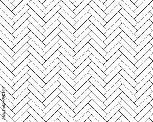 Herringbone floor seamless pattern. Zigzag panels and planks. Modern interior flooring design. Wooden parquet design texture. Realistic diagonal texture. Black and white vector illustration.