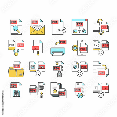 Pdf Electronic File Collection Icons Set Vector .