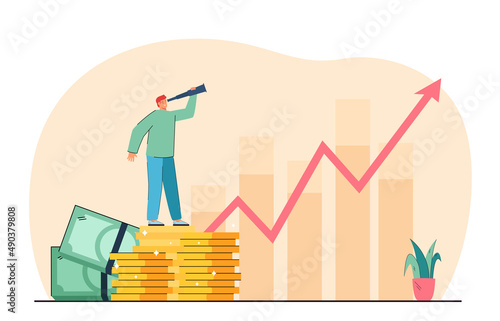 Tiny businessman with spyglass standing on stack of coins. Increase of income flat vector illustration. Financial growth, investment, success concept for banner, website design or landing web page