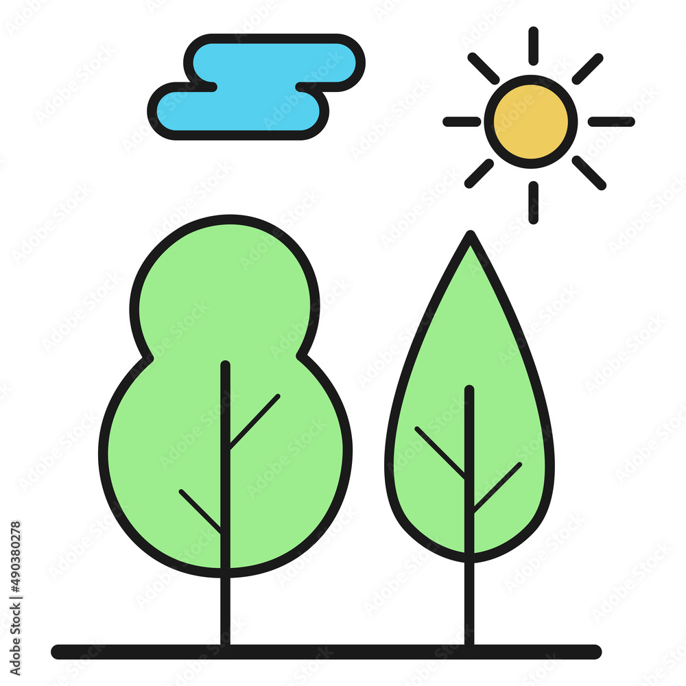 Landscape with trees and sun ecoligical icon