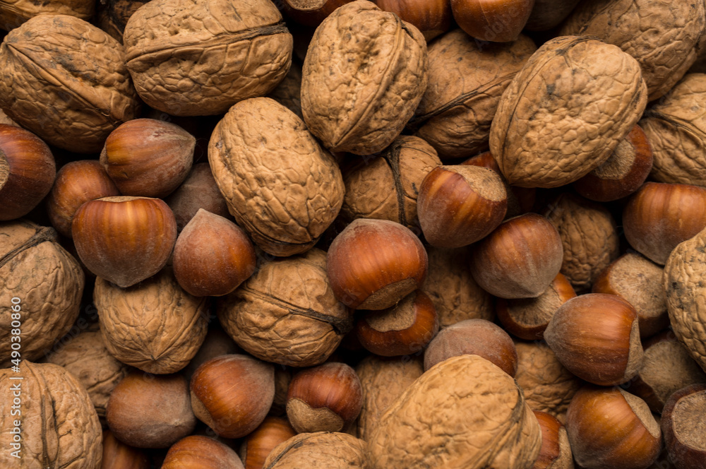 mix of italian nuts and hazelnuts background mix of italian nuts and hazelnuts background