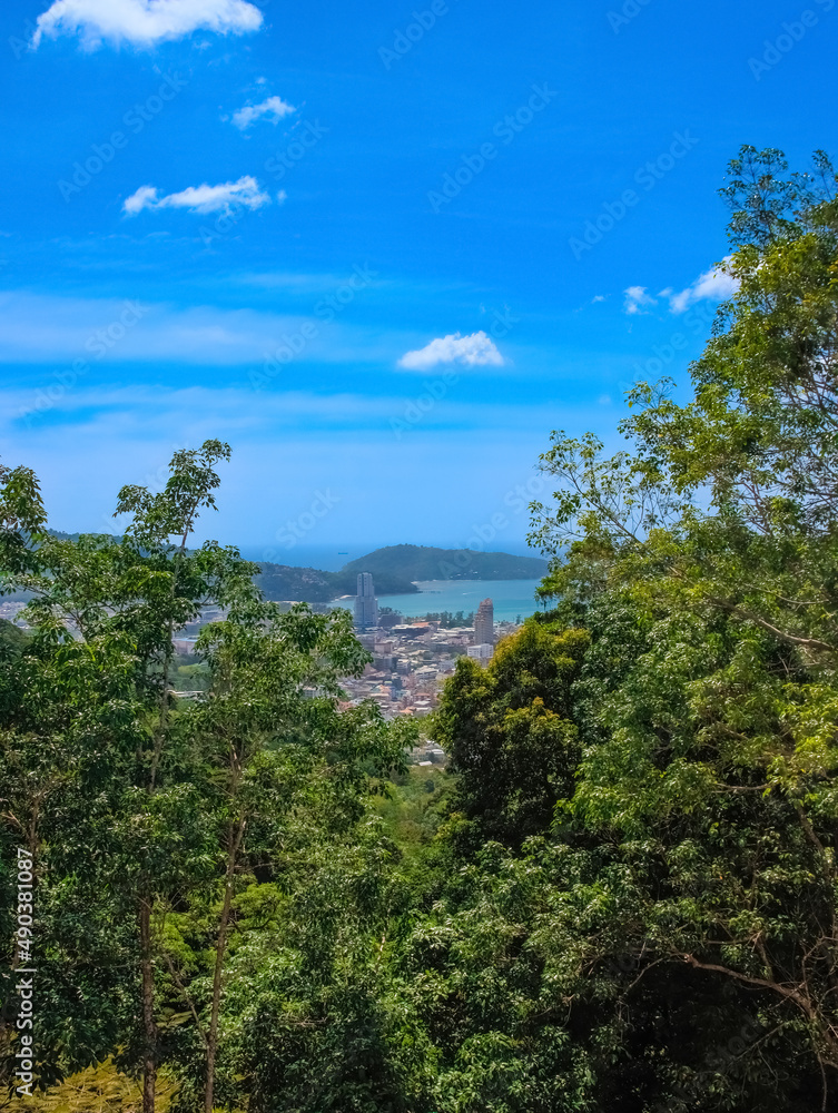Buddah temple with beautiful views from top of mountain of Patong Phuket Thailand. 