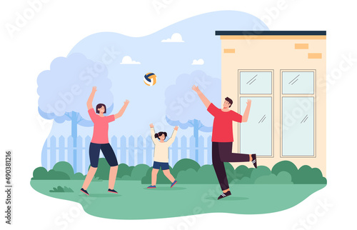 Family playing volleyball outdoor flat vector illustration. Happy mother, father and daughter spending time together near house, playing with ball in backyard. Healthy lifestyle, sport concept