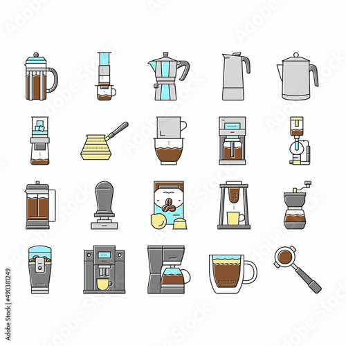 Coffee Make Machine And Accessory Icons Set Vector .
