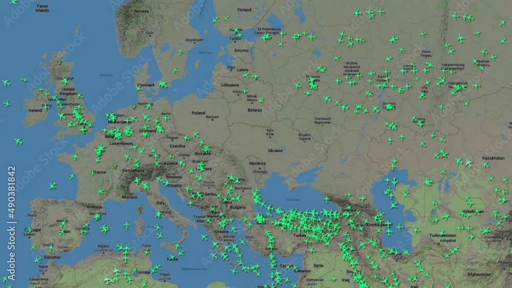 Map animation with no air traffic over Ukraine as the war with Russia continues and air restrictions apply to Russia and Belarus. No fly zone. Map animation with no air traffic over Ukraine as the war with Russia continues and air restrictions apply to Russia and Belarus. No fly zone.