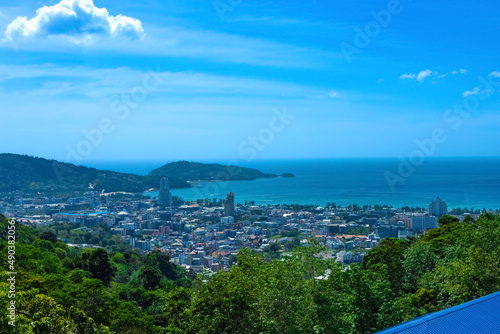 Buddah temple with beautiful views from top of mountain of Patong Phuket Thailand. 