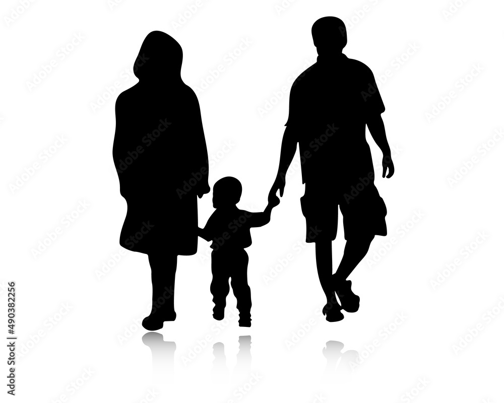 Silhouette of a family with reflection. Father and mother holding baby hands.