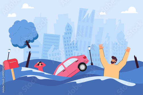 People on flooded street flat vector illustration. Desperate man and woman standing in water and asking for help. Flooded cars and houses in city. Natural disaster, tsunami, emergency concept
