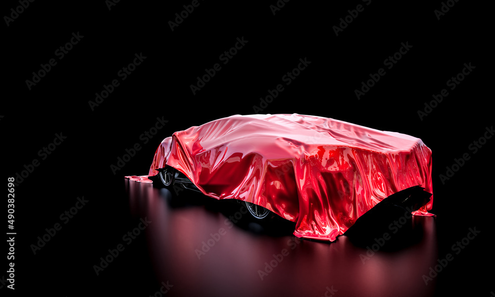 sport car under a red blanket that hides its characteristics. Stock  Illustration | Adobe Stock