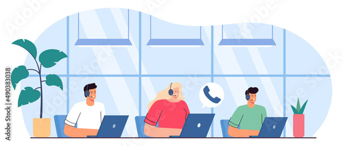 People working at call center office flat vector illustration. Male and female operators in headset talking with people, answering clients questions and solving problems. Occupation, support concept