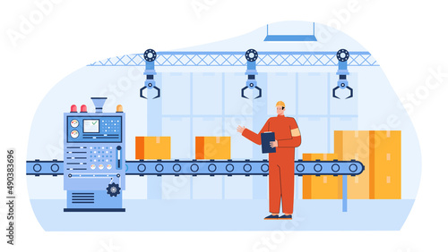 Man controlling automation production line. Male worker in uniform and hard hat watching out process of boxes packing on conveyer flat vector illustration. Manufacture, warehouse concept