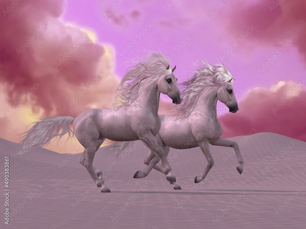 Desert Horse Fantasy - Colorful clouds surround two white stallions running among dunes in the desert.