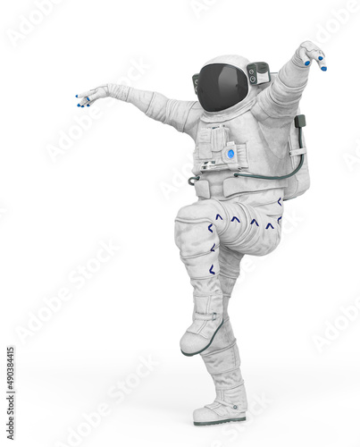astronaut explorer is doing a karate pose on white background side view
