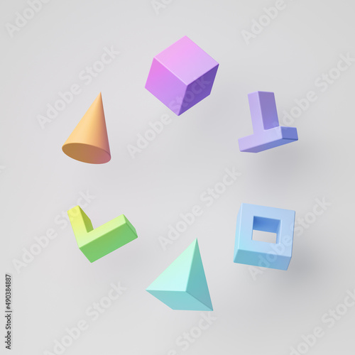 Fotografía 3d render, abstract colorful geometric shapes isolated on white background, assorted gradient pastel elements levitating