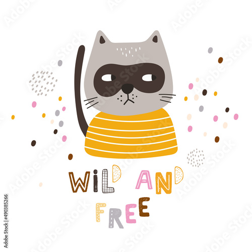 Card with cute cat on a white background. Kids print. Vector Illustration