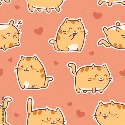 Seamless pattern with cute red cats or kittens in funny poses. Vector illustration with red kittens. Background for print fabric, textile design, wrapping paper or wallpaper