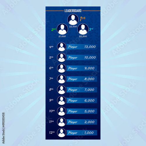 Game Leaderboard design with blue page header. List of  players with score. UI avatar frames and futuristic winner badges. Eps10 vector
