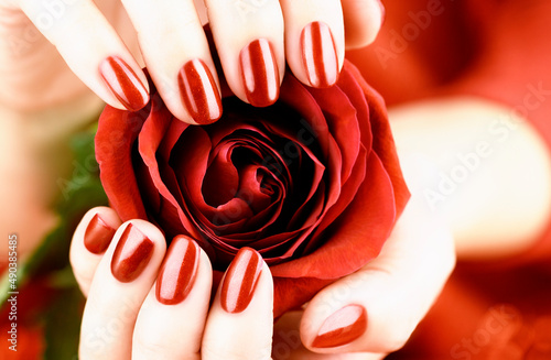 Female fingers with a beautiful red manicure holding a red rose.