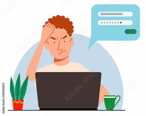 The concept of a man thinking behind a laptop. Forgot your password and account login for the web page. Flat vector illustration.