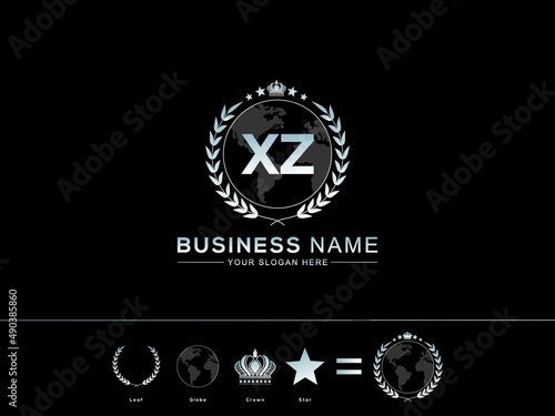 Simple Crown XZ Logo Design, Monogram Xz zx Letter Logo Template Vector with circle Leaf Globe Royal Crown and Star Icon Design For Your Business photo