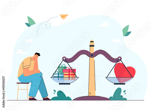 Sad man sitting at scales with presents and heart. Balance between gift and feelings flat vector illustration. Love, relationship, Valentine day concept for banner, website design or landing web page