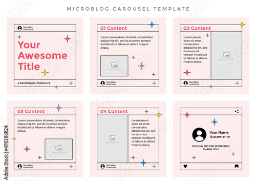 Microblog carousel slides template for social media. Six pages with sparkles aesthetic concept and fade pink background