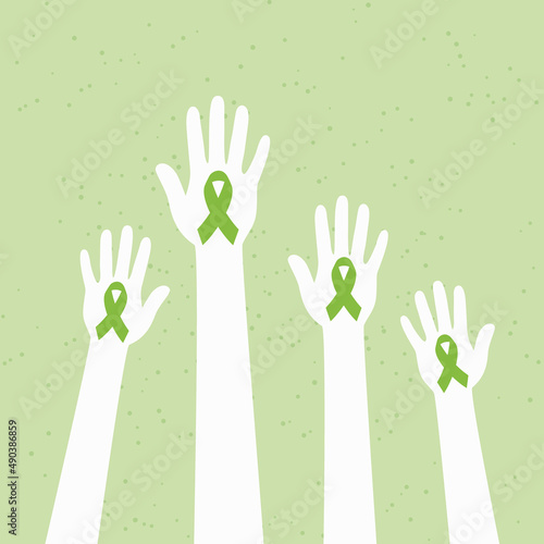 Hands raised with green cancer awareness ribbon. Vector illustration.