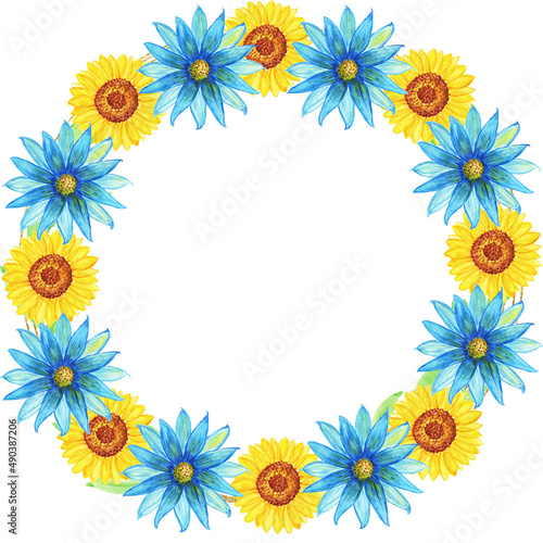 Yellow and blue flower in a wreath in a heart symbol.