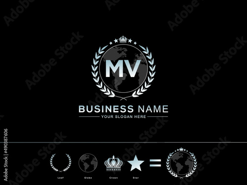 Initial MV m v letter Logo, Global mv creative two letters logo and circle Leaf Globe Royal Crown and Star image design