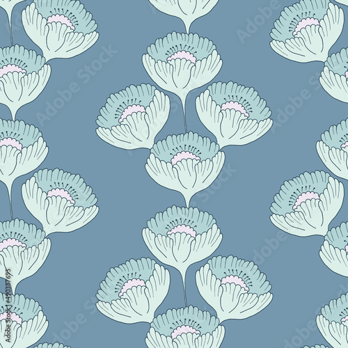 Seamless pattern in blue tones with a vertical line print of decorative flowers, a motif of four elements, hand-drawn on this background..