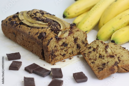 Sliced Chocolate banana bread loaf. Whole wheat chocolate banana bread with coconut oil. No maida, no butter bread