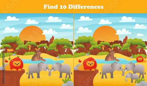 Find ten differences printable worksheet with african safari elephants and hippo, lions and desert landscape for kids
