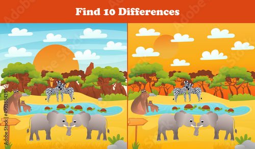 Find ten differences printable worksheet with safari desert scene, cute animals elephants and hippo for kids
