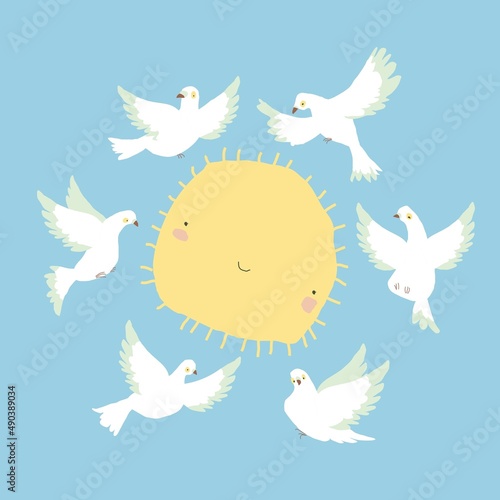 White Doves of Peace flying around by Sun on Blue Sky