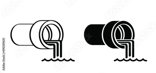 Grey wastewater, dirty water. Sewer pipe icon or pictogram. From the pipe flowing liquid into the river or sea. Vector disposal symbol or logo. Waste water pollution from industry.