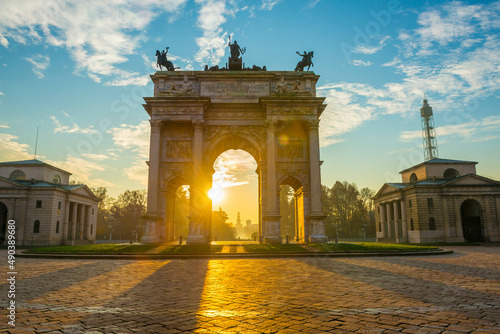 Peace Arch and Sforza Castle in Milan with Sunlight in Lombardy, Italy photo
