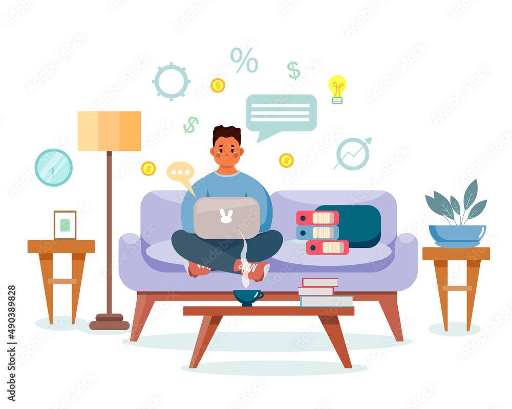 Fototapeta premium An African-American businessman is sitting on the couch with a laptop and working at home. The concept of financial technologies. Doing business, cryptocurrency, electronic wallets. Vector 