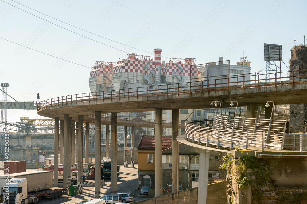 Thermal Power Plant in a Sunny Day and with Elevated Road in Genoa, Liguria in Italy. Thermal Power Plant in a Sunny Day and with Elevated Road in Genoa, Liguria in Italy.